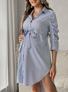 SHEIN Maternity Striped Long Sleeve Casual Dress, Simple & Fashion For Daily Wear - Navy Blue - View 2