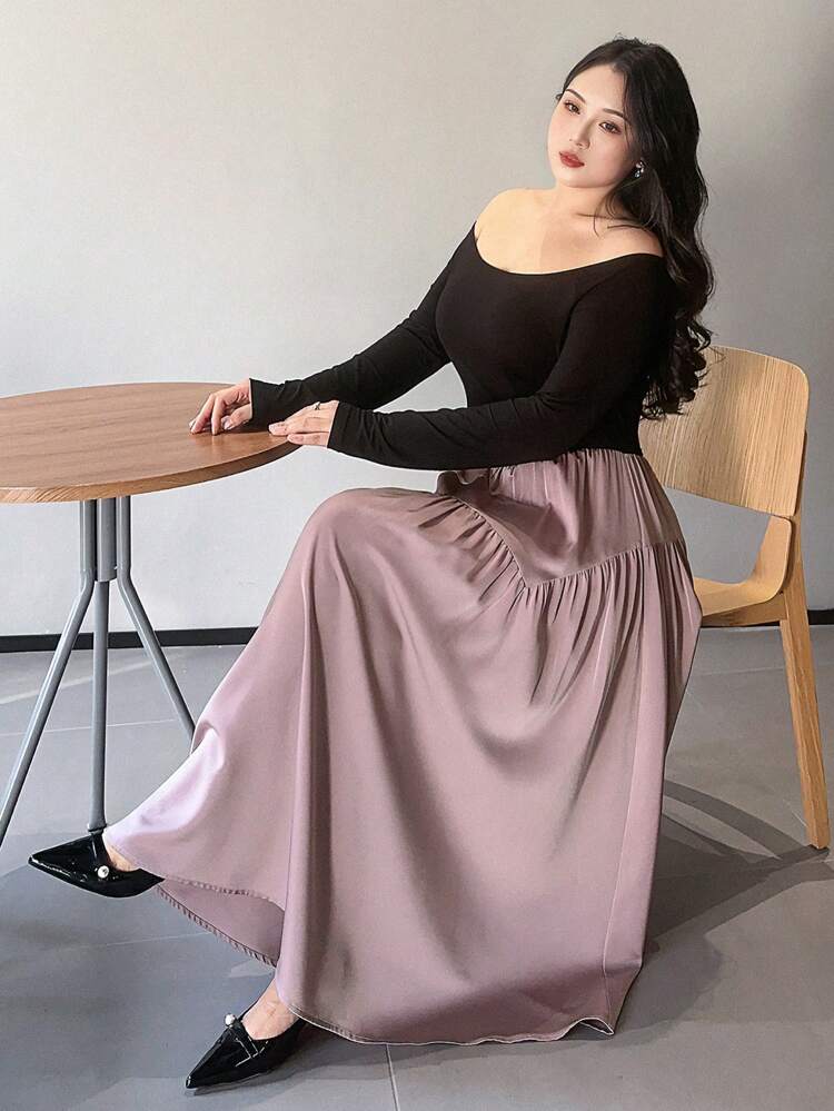 Dazy Petite Plus Plus Size Color Block Off Shoulder Long Sleeve Dress, Black, Spring/Fall Dress