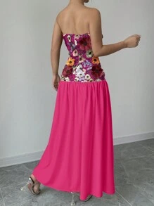 SHEIN Clasi 女士花卉印花抹胸连衣裙 女式长款套装 - 玫紅色 - 查看 2