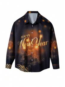 Men's Front Button Long Sleeve Casual New Year Printed Shirt Top For New Year Eve - Black - View 3