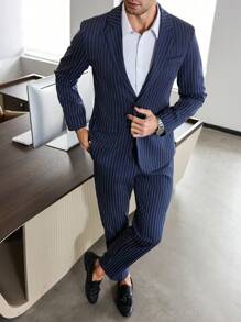 Manfinity Mode Conjunto de chaqueta y pantalón a juego a rayas para hombre, estilo empresarial/commuter de Manfinity Mode - Regalo para novio