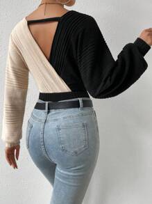 Chiquease Two Tone Surplice Neck Bodysuit Fall Cloth For Women - Black - View 2