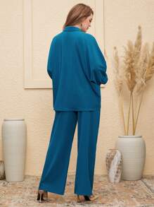 SHEIN 女士纯色蝙蝠袖衬衫和阔腿裤孕妇装两件套 - 藍色 - 查看 2