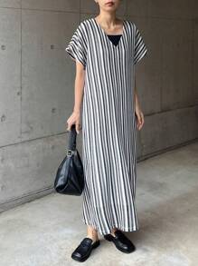 FRIFUL Dames gestreepte losse V-hals vleermuismouwen korte mouwen casual midi-jurk zomerjurk