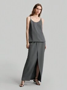 Ontre Damen Set aus einfarbigem Trägerhemd und langem Wickelrock, 2-teilig, Vintage Stil Lässig Outfit, elegant für täglichen Gebrauch und den Arbeitsweg - Grau - Übersicht 6