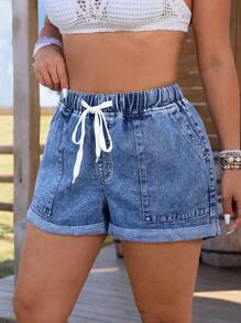 SHEIN LUNE 大码女式宽松抽绳牛仔短裤，西式服装 - 藍色 - 查看 3
