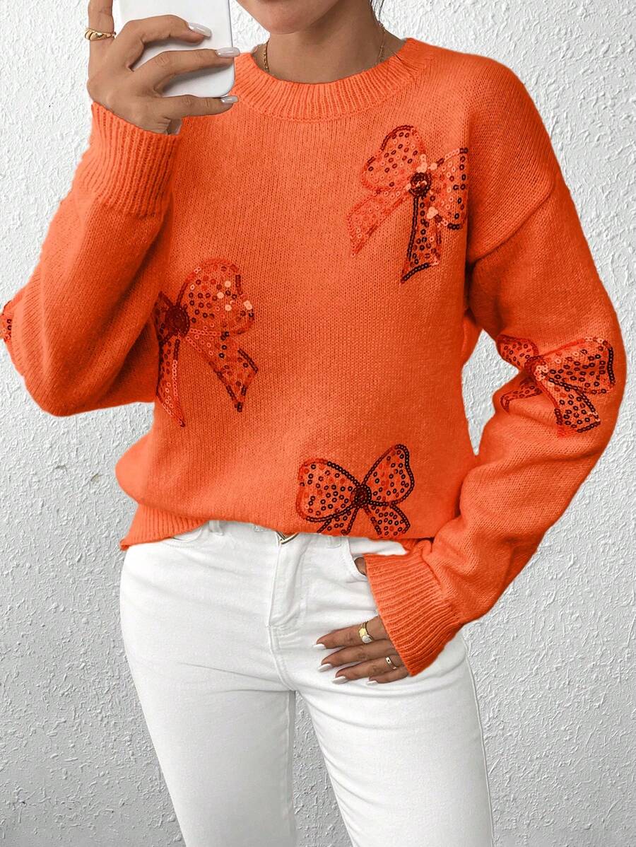 Chiquease 圆领套头毛衣，饰有蝴蝶结亮片刺绣，粉色，秋冬针织套头衫