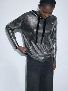 Maija Damen Schwarz & Silber Lässig Ganzjährig Vielseitige Frühling Pullover mit Kapuze und Kordelzug, Modischer Festivalpullover - Silber - Übersicht 1