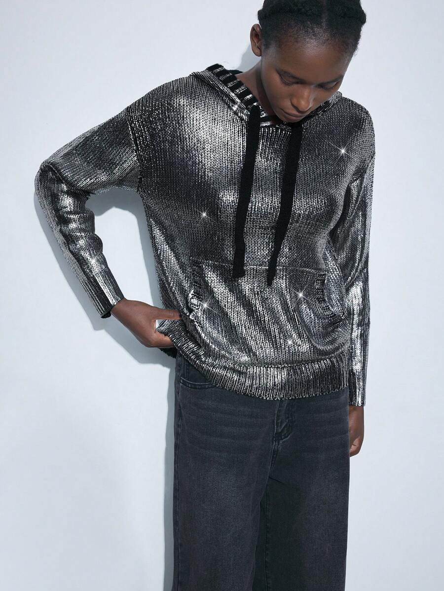 Maija Damen Schwarz & Silber Lässig Ganzjährig Vielseitige Frühling Pullover mit Kapuze und Kordelzug, Modischer Festivalpullover - Silber - Übersicht 1