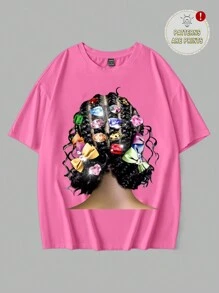 Slaydiva Oversized Damen Dreadlock Haarklammer grafik Rundhals Kurzarm locker sitzende T-Shirt, Lässig, geeignet für Frühling/Sommer, Unisex