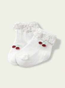 Cozy Pixies 1 Pair Basic Cherry Pattern Baby Girls Cotton Lace Trim Socks, Suitable For Daily Wear, All Seasons