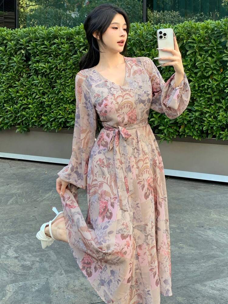 Palace Style Ditsy Floral Allover Print V-Neck Chiffon Cinched Waist Mid-Calf Dress For Women,Ruffle,Fall Dress Long Sleeve Dress Vacation Outfits Women Maxi Dress Boho