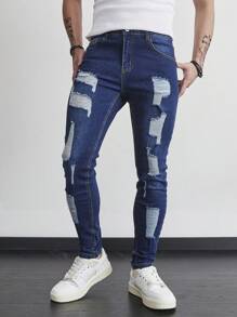 Manfinity LEGND Men's Pocket Distressed Skinny Casual Jeans - Dark Wash - View 5