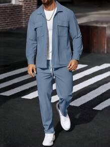 Manfinity CasualCool 2 件套灯芯绒长袖男士工作衬衫套装 - 藍色 - 查看 7