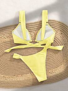 SHEIN 女士黄色 V 形比基尼套装：两件套泳衣，带金色圆环细节 - 黃色 - 查看 4