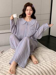 DAZY Ensemble Femme Blouse à Manches Longues à Col Claudine Rayé et Pantalon de Pyjama Ample - Prune - Voir 4