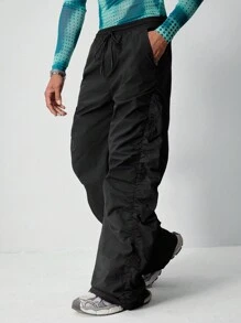 ROMWE MEN Street Life Pantalones largos sueltos de hombre con pliegues laterales y capas