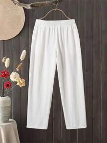 Rusticease Plus Size Solid Color Casual Minimalist Style White Pants Women, St Patrick Day Outfit,Summer Outfits For Women,Vacation Outfits Woman,Casual Everyday Wear