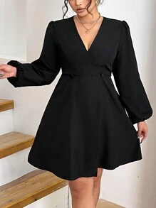 SHEIN LUNE Plus Size V-Neck Long Sleeve Light Formal Waist-Cinched Slim A-Line Dress - Black - View 1