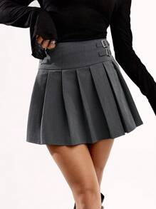 SHEIN BAE Women's Casual Versatile Solid Color Pleated A-Line Skirt