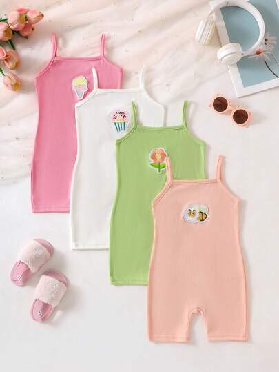 SHEIN Playful Pals 4 件套婴儿和女宝宝系带罗纹弹力连体衣套装，带有蜜蜂、冰淇淋、向日葵和树叶印花，可爱舒适，适合春夏秋季