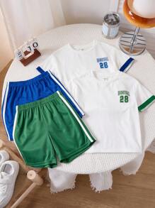 2 Pieces Set For Young Boys, Casual & Cute Sporty Street Fashion Style, Dopamine Colorblock Design Loose Fit Crew Neck T-Shirt And Shorts, Buy One Get One Free, Suitable For Spring, Summer, Autumn & Winter, Home, Outdoor, School, Sports - Multicolor - View 8