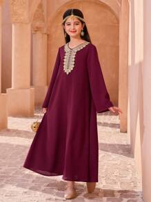 Tween Girl Elegant Lace Trim Long Dress - Burgundy - View 1
