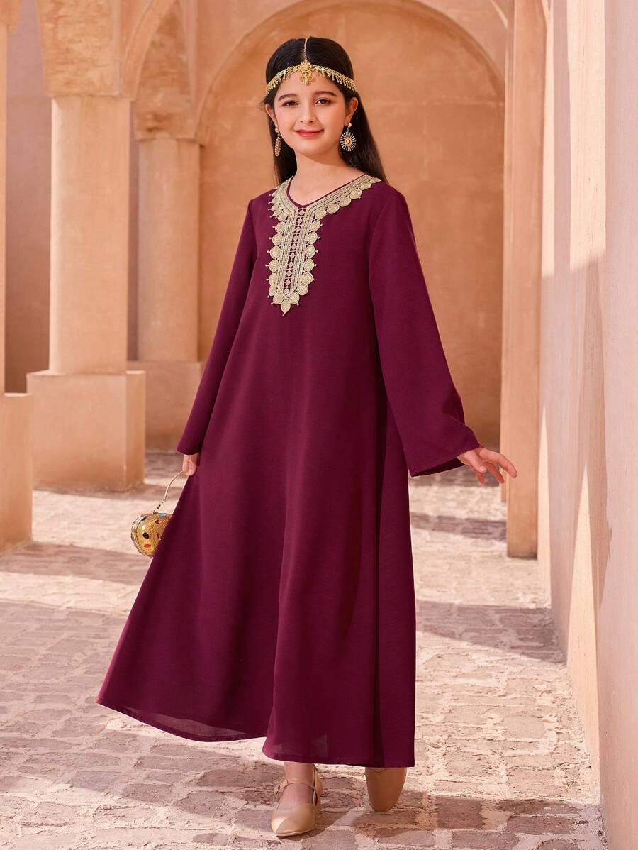Tween Girl Elegant Lace Trim Long Dress - Burgundy - View 1