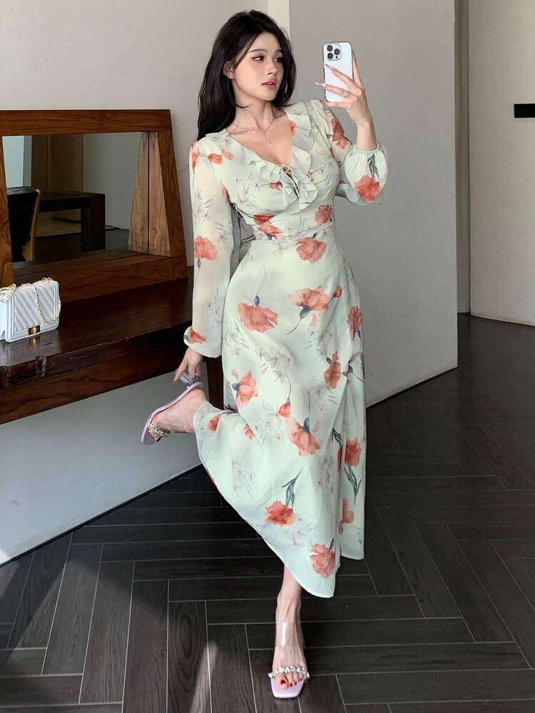 Women's Valentine's Day Rose & Ditsy Floral Chiffon Ruffle Hem Cinched Waist Mid-Length Dress, Vacation Style, Fall Dress Long Sleeve Dress Easter Dress Boho