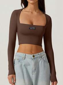 Muchica 3pcs/Set Simple English Logo Print Women Sexy Off-Shoulder Cropped Long Sleeve Fitted Short Tops - Multicolor - View 7
