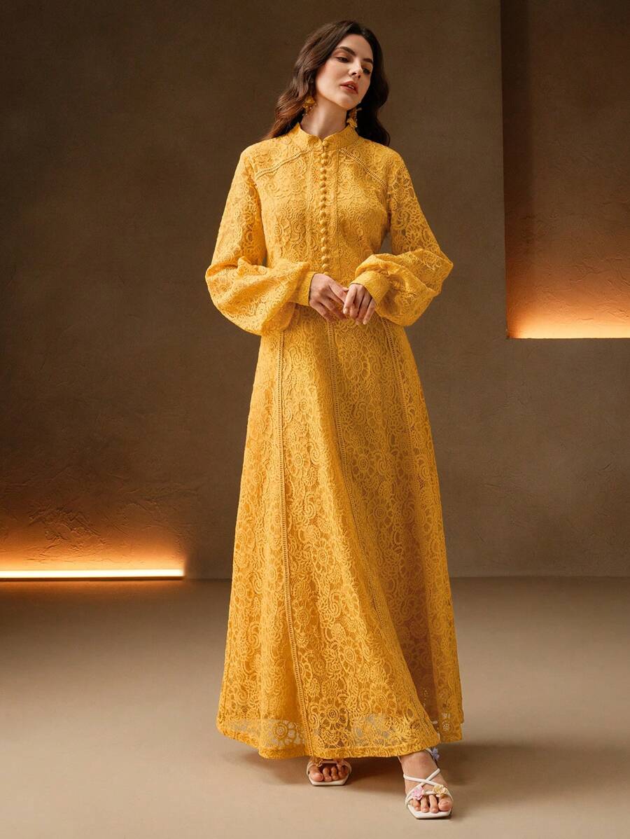 Anewsta 女士长袖蕾丝玫瑰粉色连衣裙长款女装春季服装 - 黃色 - 查看 1