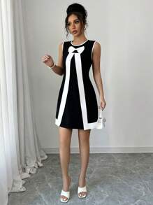 Elenzga 女士春夏针织弹力无袖圆领蝴蝶结 A 字短款休闲优雅黑白连衣裙 - 黑與白 - 查看 6