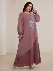 Graceveil 大码女式灯笼袖雪纺覆盖重磅刺绣休闲宽松中长连衣裙