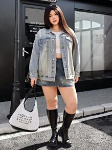 SHEIN ICON Plus Size Women Star Pocket Denim Mini Skirt, Casual - Medium Wash - View 3