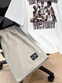 SHEIN 2pcs Set Teen Boy Casual Simple Versatile Street Style Portrait Print Round Neck Knit Short-Sleeved T-Shirt And Shorts - Multicolor - View 5