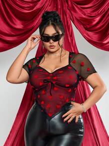 SHEIN ICON Plus Size Valentine's Day Heart Mesh Asymmetrical Hem T-Shirt - Multicolor - View 3