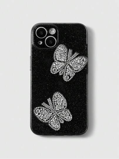 Kawaii 1 pezzo Custodia per cellulare nera con glitter, strass 3D a forma di farfalla, compatibile con Apple 11 12 13 14 15 Pro Max 16