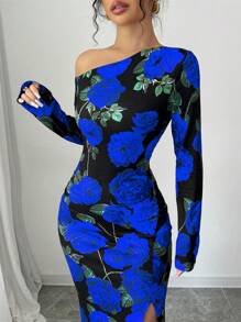 Elenzga 1pc Women's Oblique Collar High Slit Floral Print Wrap Waist Design Dress Maxi Women Outfit Fall Cloth For Women - Blue - View 4