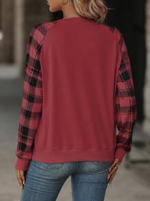 EMERY ROSE Women Casual Plaid Patchwork Raglan Sleeve Crew Neck Sweatshirt