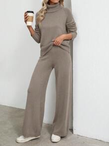 EMERY ROSE 2pcs Women's Solid Color Turtleneck Long Sleeve Casual Sweater And Pants Set - Camel - View 8