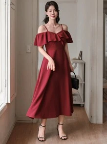 DAZY Solid Color Sleeveless Ruffle Trim Mid-Length Dress For Women Sundress Red Women Dresses - Red - View 4
