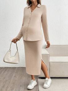 SHEIN Collared Solid Top And Adjustable Waist A-Line Skirt Maternity 2 Pieces Set - Khaki - View 1