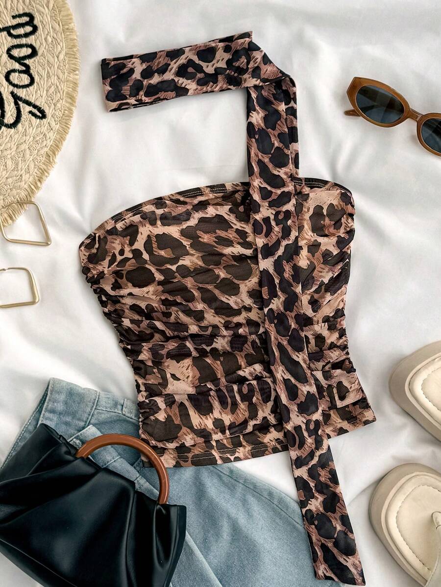 SHEIN Teen Girls Spring/Summer Multi-Color Leopard Print Bodycon Ruched Crop Top With Detachable Scarf Shawl Set - Multicolor - View 1