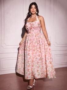 Flirla Plus Size Boho Ditsy Floral Tie Front High Waist Dress With A-Line Hem, For Summer - Multicolor - View 3