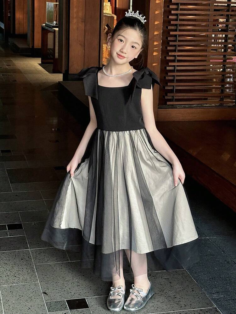 Vestido de contraste de malla con lazo en el hombro para niñas preadolescentes, conjunto de ropa de verano para niñas, ropa de regreso a la escuela