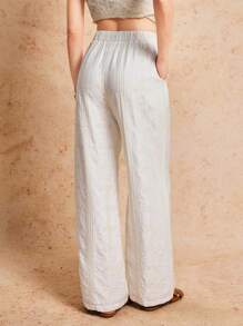 Poéselle 女士纯色休闲裤女亚麻裤镂空刺绣白色女裤春季适合日常穿搭波西米亚休闲风阔腿裤 - 白色 - 查看 5