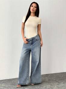 SHEIN PETITE Body de mujer de manga corta, color blanco sólido, de uso versátil y casual - Albaricoque - Ver 5