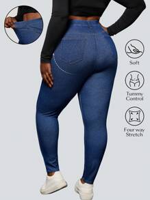 Flexra Pantalones informales de mezclilla elástica de punto talla grande con elástico