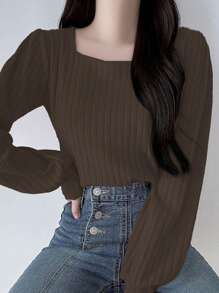 DAZY Women's Solid Color Square Neck Fitted Lantern Sleeve Long Sleeve T-Shirt, Spring/Summer/Autumn