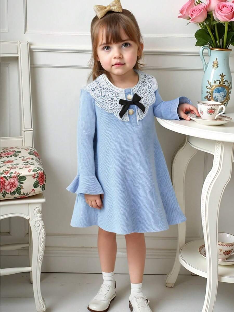 SHEIN Girls' Floral Ruffle Collar Long Sleeve Bowknot Waist A-Line Dress, Elegant Solid Color Series For Spring & Autumn - Blue - View 1